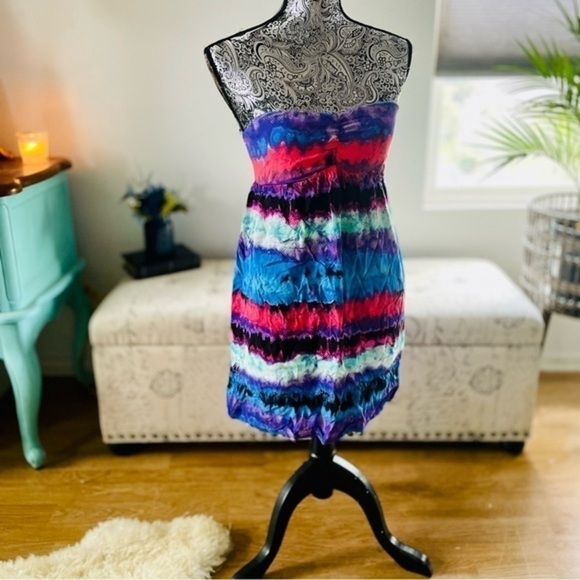 🏷️ 4/$25 Sweetheart Neck Bandeau Pull Over Watercolor Cover Up Mini Dress - Picture 9 of 11